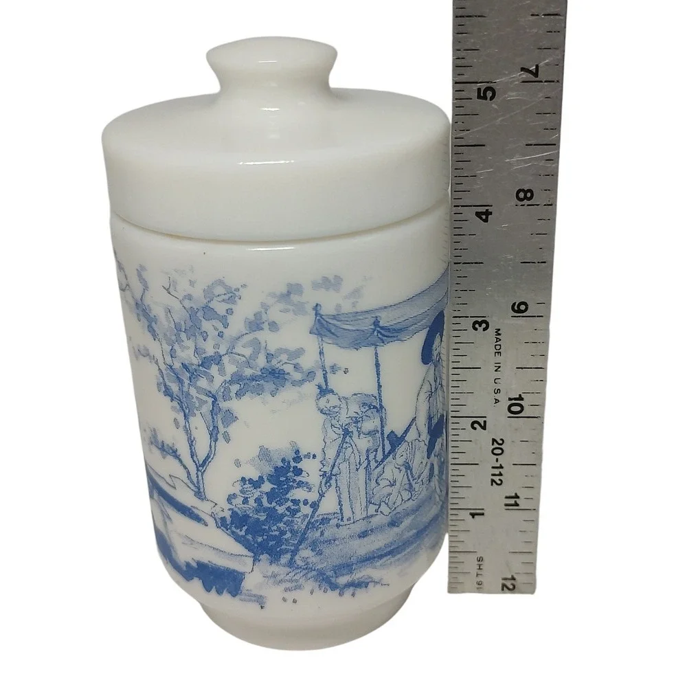 Vintage Belgium Milk Glass Japan Blue White Village Men‎ Women Boats with Lid